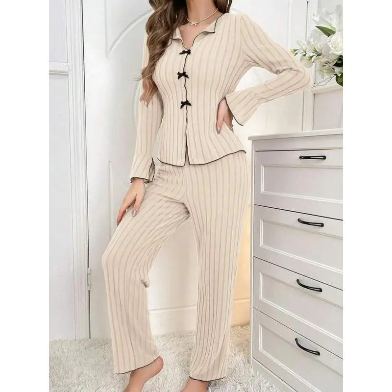 Women's Solid Lettuce Trim Top & Pants Loungewear Two-Piece Set