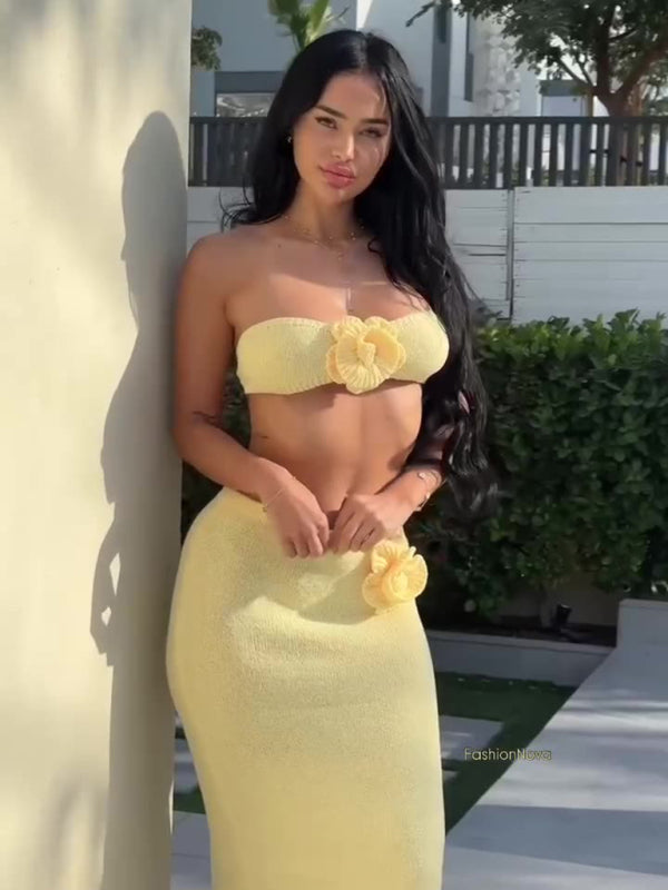 Strapless knitted hollow flower high waist skirt set