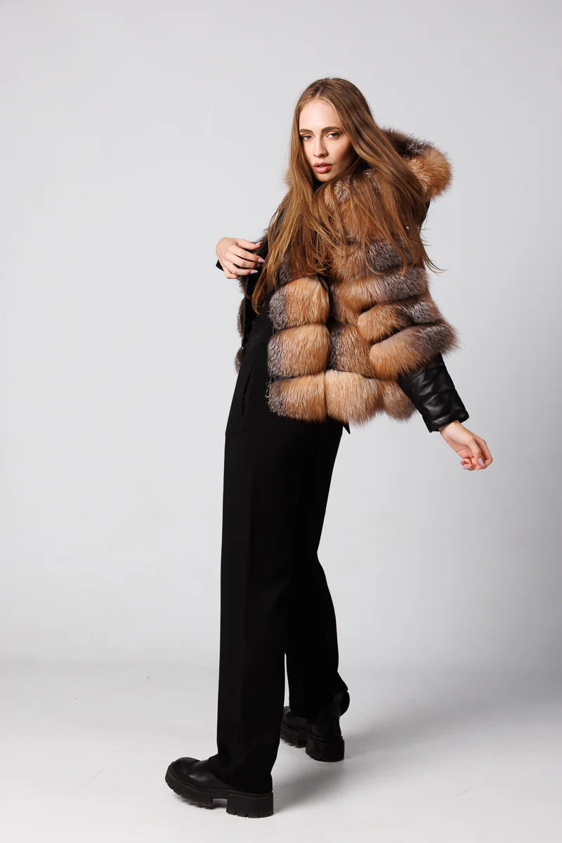 Haină din Blană Naturală de Vulpe, cu Glugă, Femei, Brown Frost 252