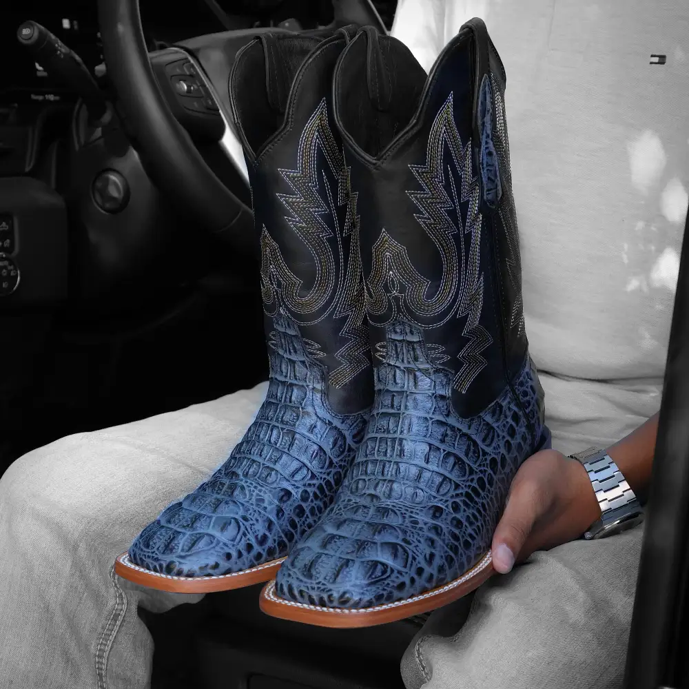 Grey Caimán Neck Leather Boots With Black Shaft — Square Toe