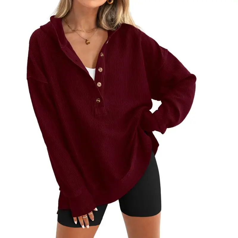Womens Oversized Button Up V Neck Sweatshirt