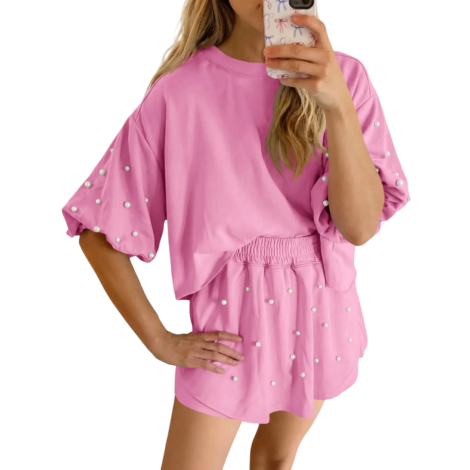 Chic Comfort Pearl Lounge Set – Puff Sleeve Top & Soft Knit Shorts