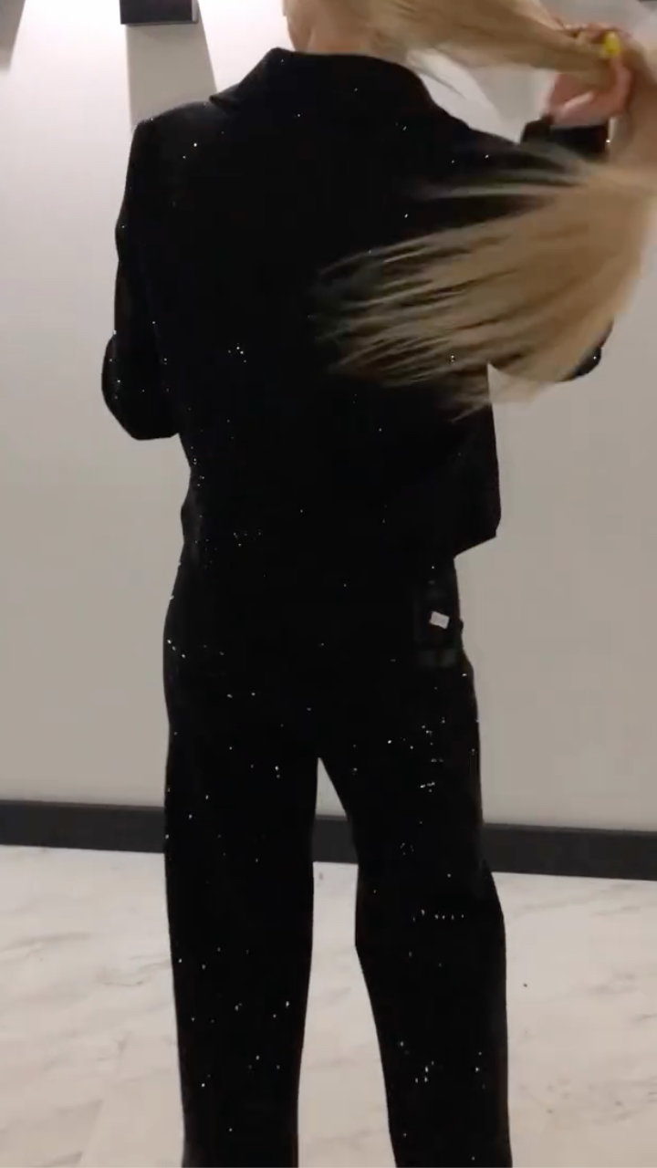 Women Laple Collar Hot Diamond Jacket+ Pants Sparkling Casual Set