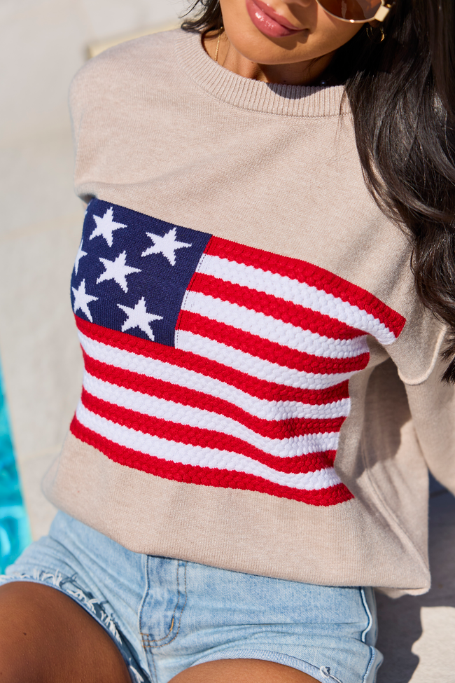 Home Of The Free Taupe Textured Flag Sweater