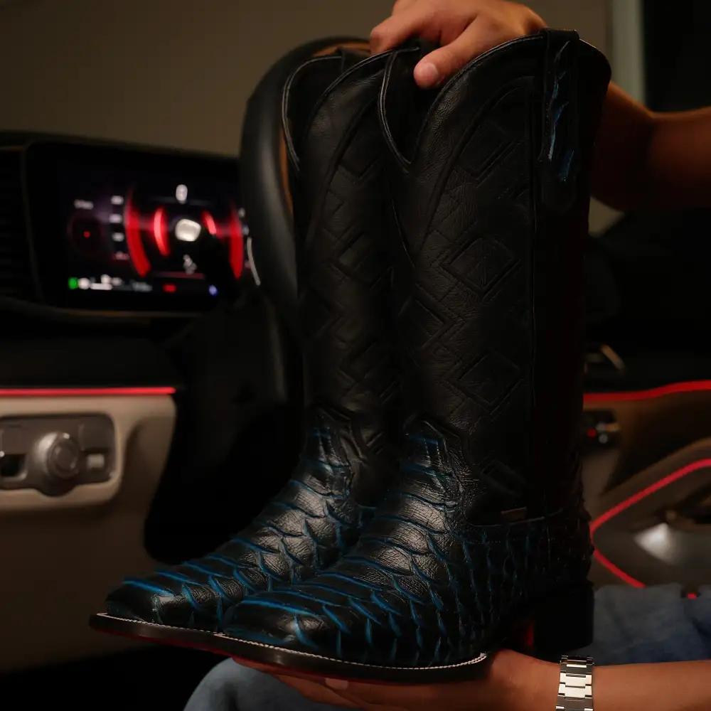 Midnight Blue Jumbo Python Leather Boots - Square Toe