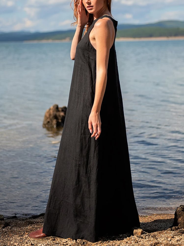 Women's Casual Solid Color Sleeveless Linen Long Dress  4544