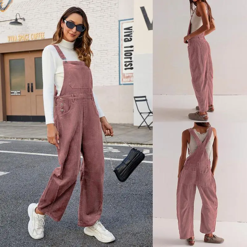 Women's Corduroy Overalls Barrel Wide Leg Bib Pants