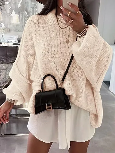 ✨Womens Oversized Mock Neck Batwing Long Sleeve Ribbed Knit Casual Tunic Sweater🔥