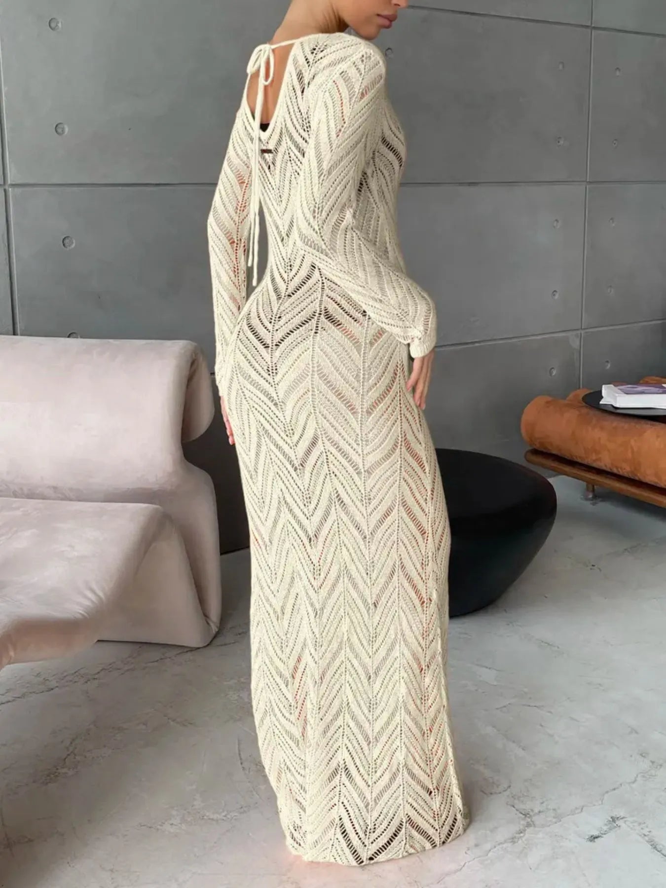 Openwork Long Sleeve Knit Cover Up Dress