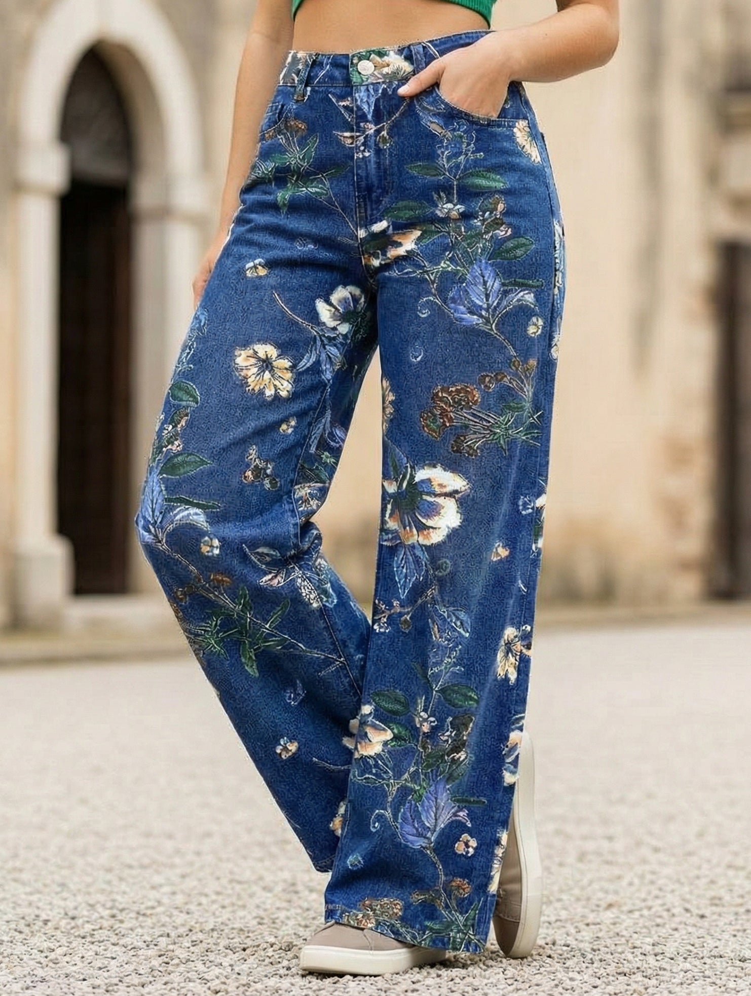 Floral pattern straight leg high-waisted jean_CWJP00876