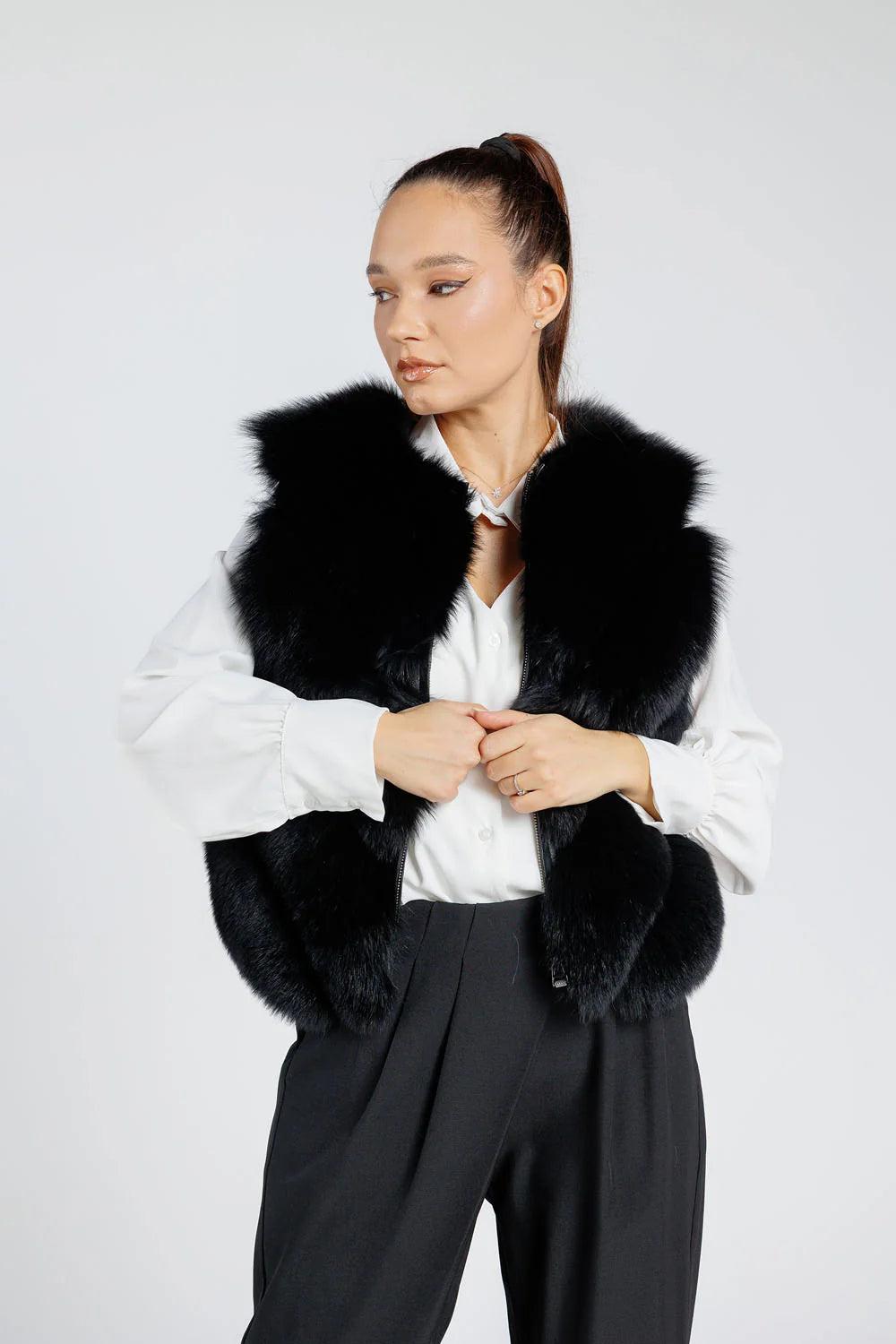 Haină din Blană Naturală de Vulpe Polară, Transformabilă, V Model, cu Glugă Detașabilă, Femei, Diamond 378