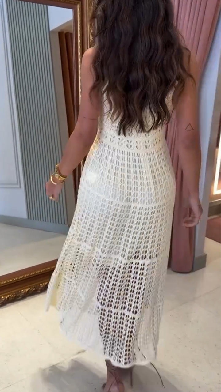 Womens Round Neck Pattern Hollowed Out Splicing Elegant Casual Dress