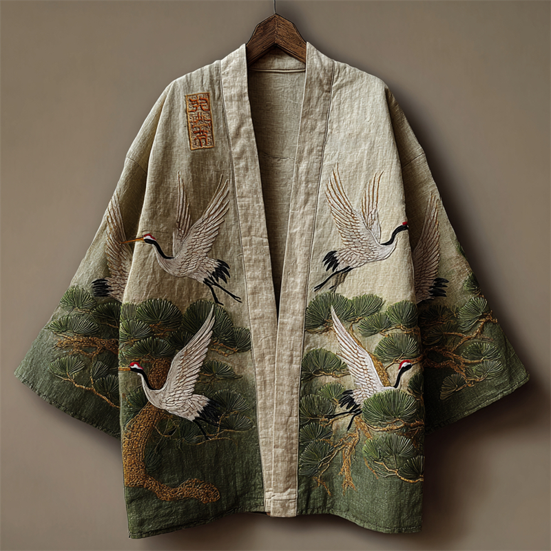 Japanese Cranes & Pine Trees Embroidered Linen Kimono Cardigan