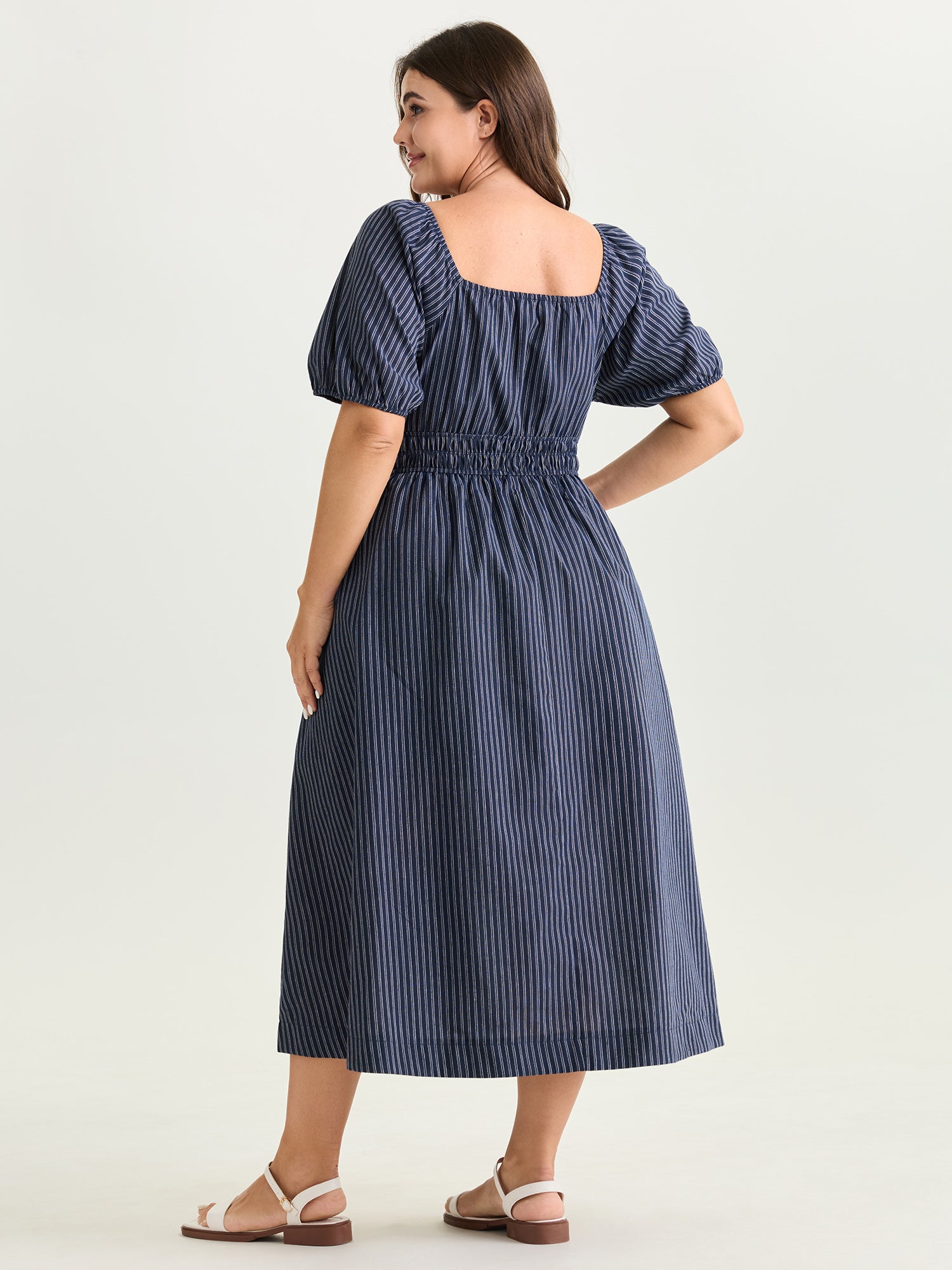 Striped Drawstring Neckline Split Hem Midi Dress