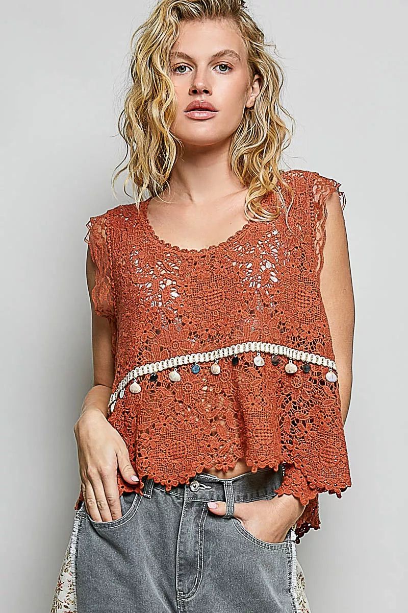 POL Lace Trim Openwork V-Neck Crochet Tank with Scalloped Edge