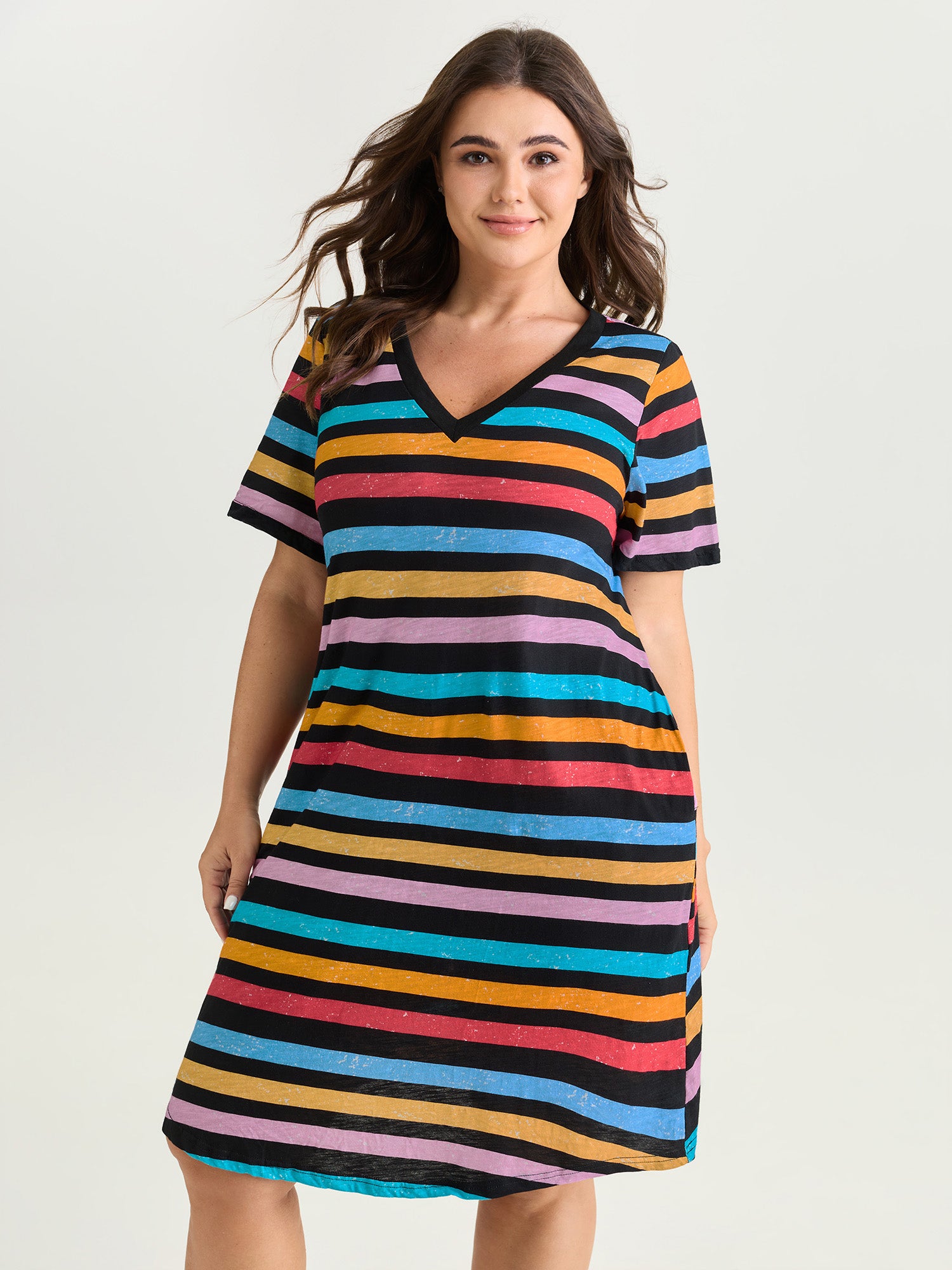 Cotton Stretchy Colorful Striped V-Neckline Midi Dress