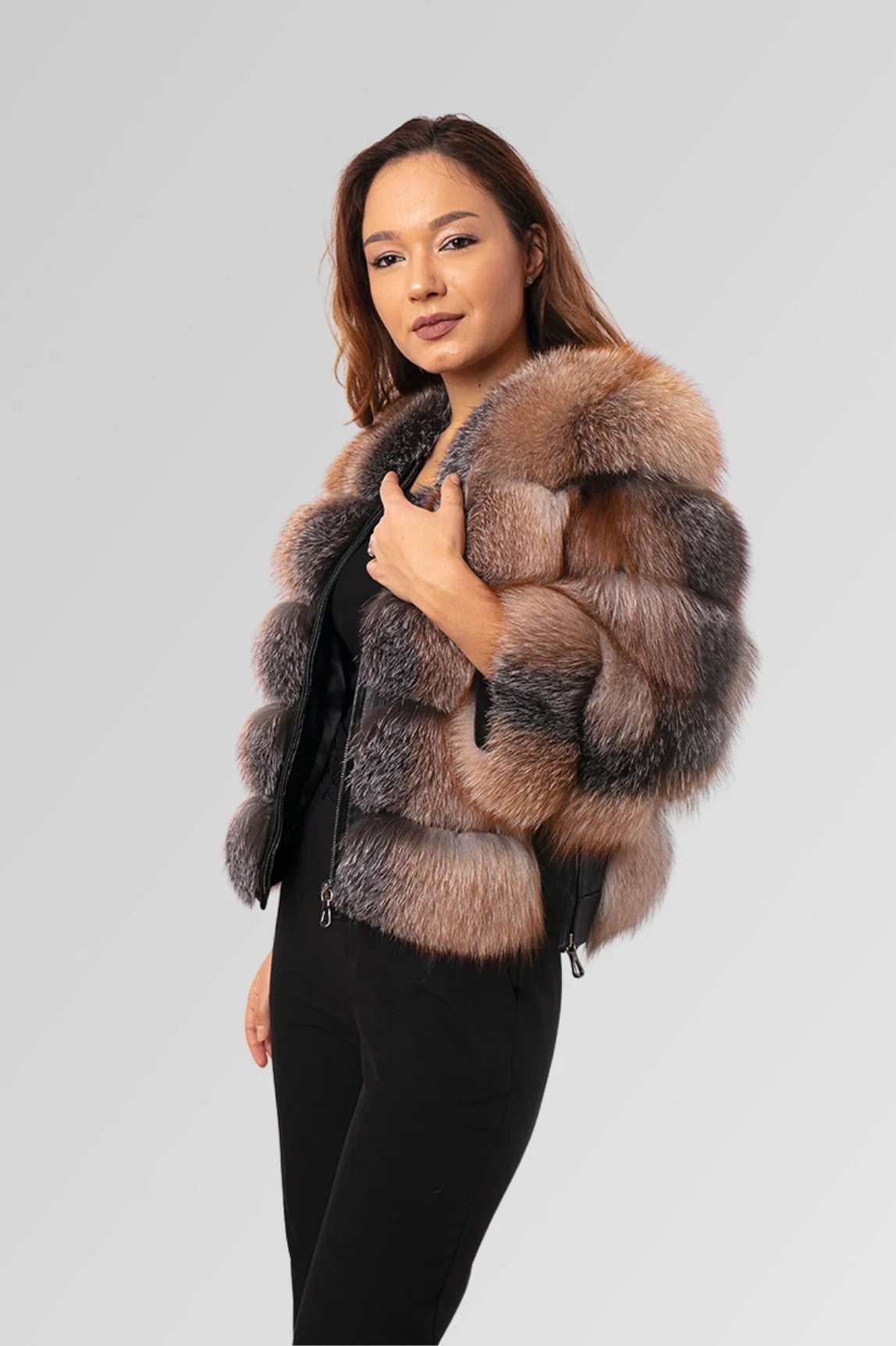 Haină din Blană Naturală de Vulpe, Transformabilă, Femei, Brown Frost 259