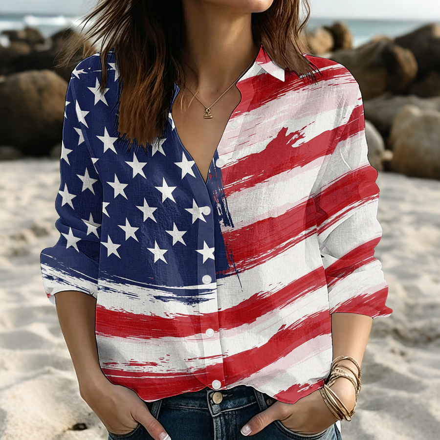 Women's American Flag Flower Independence Day Printed Casual Shirt