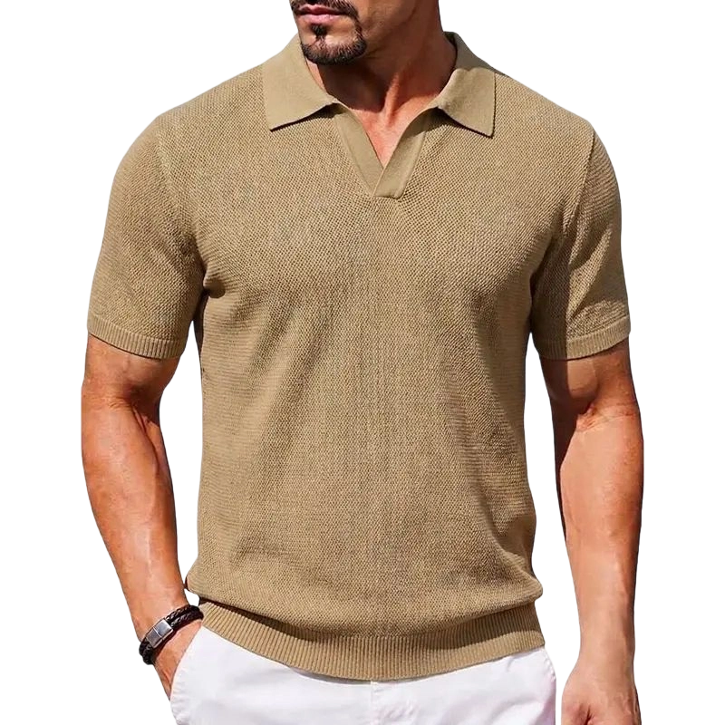 2026 Men's V Neck Short Sleeve Stretch Knit Polo Shirt