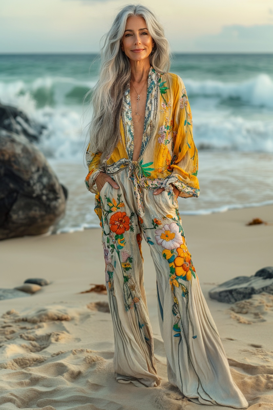 Vacation seaside elegant embroidery top + pant two piece set c757
