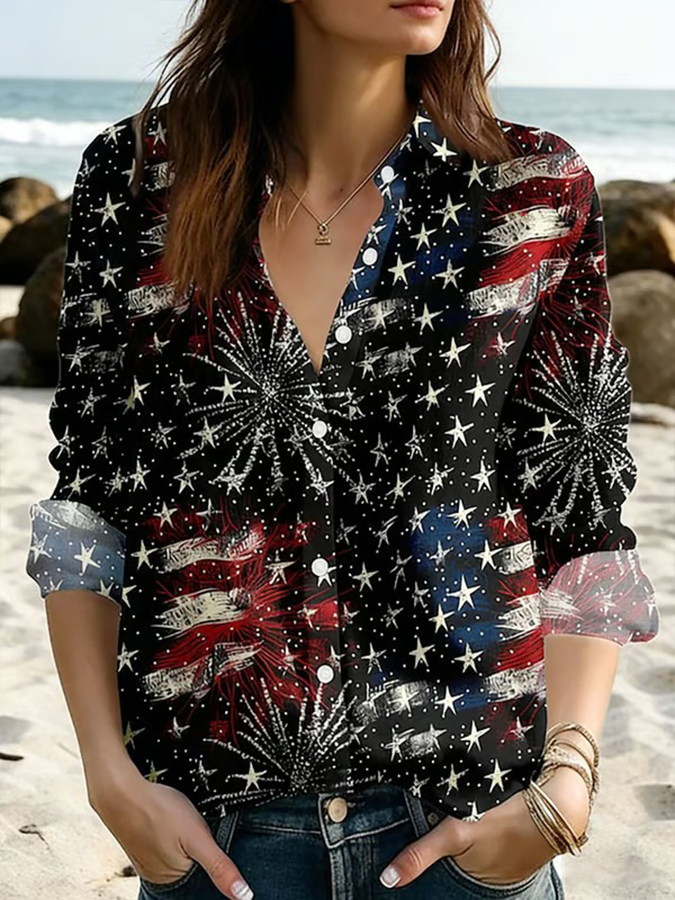 Women's Retro 250th Anniversary Print Casual Collared Shirt