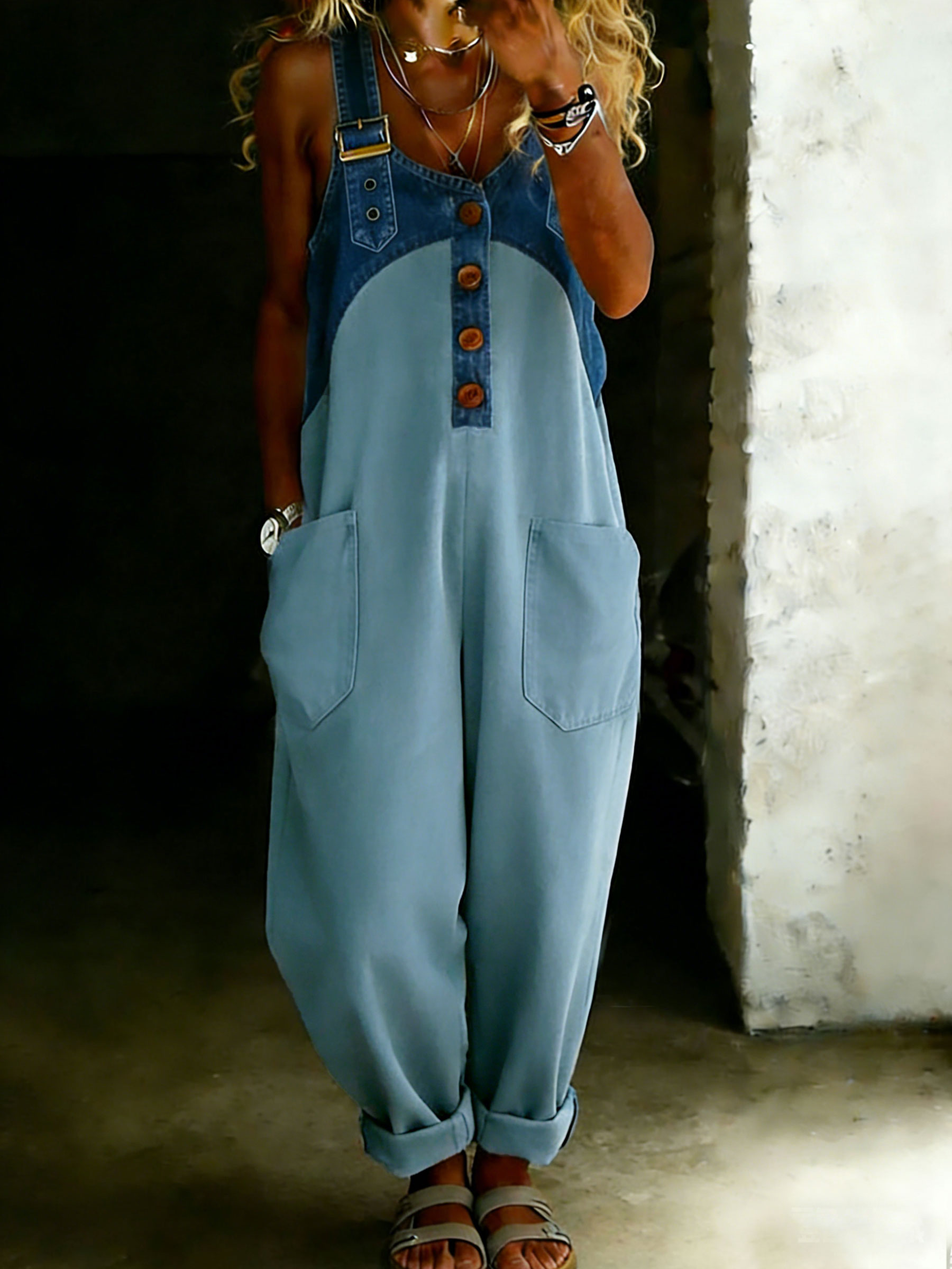 Women’s Casual One Piece Denim Denim Patchwork Jumpsuit