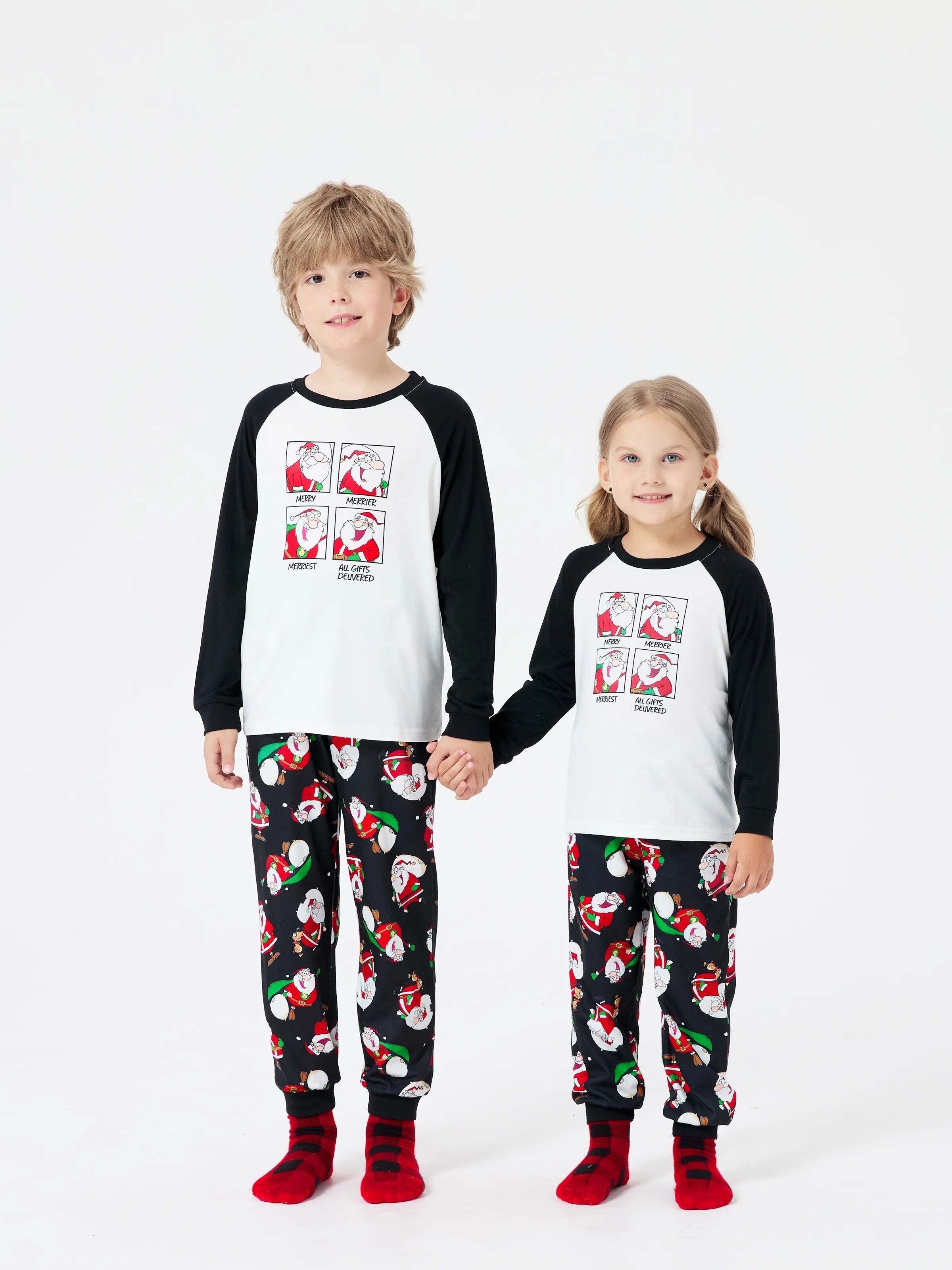 Christmas Matching Family Pajamas Set Christmas Santa Print Black and White PJS with Christmas Socks Black