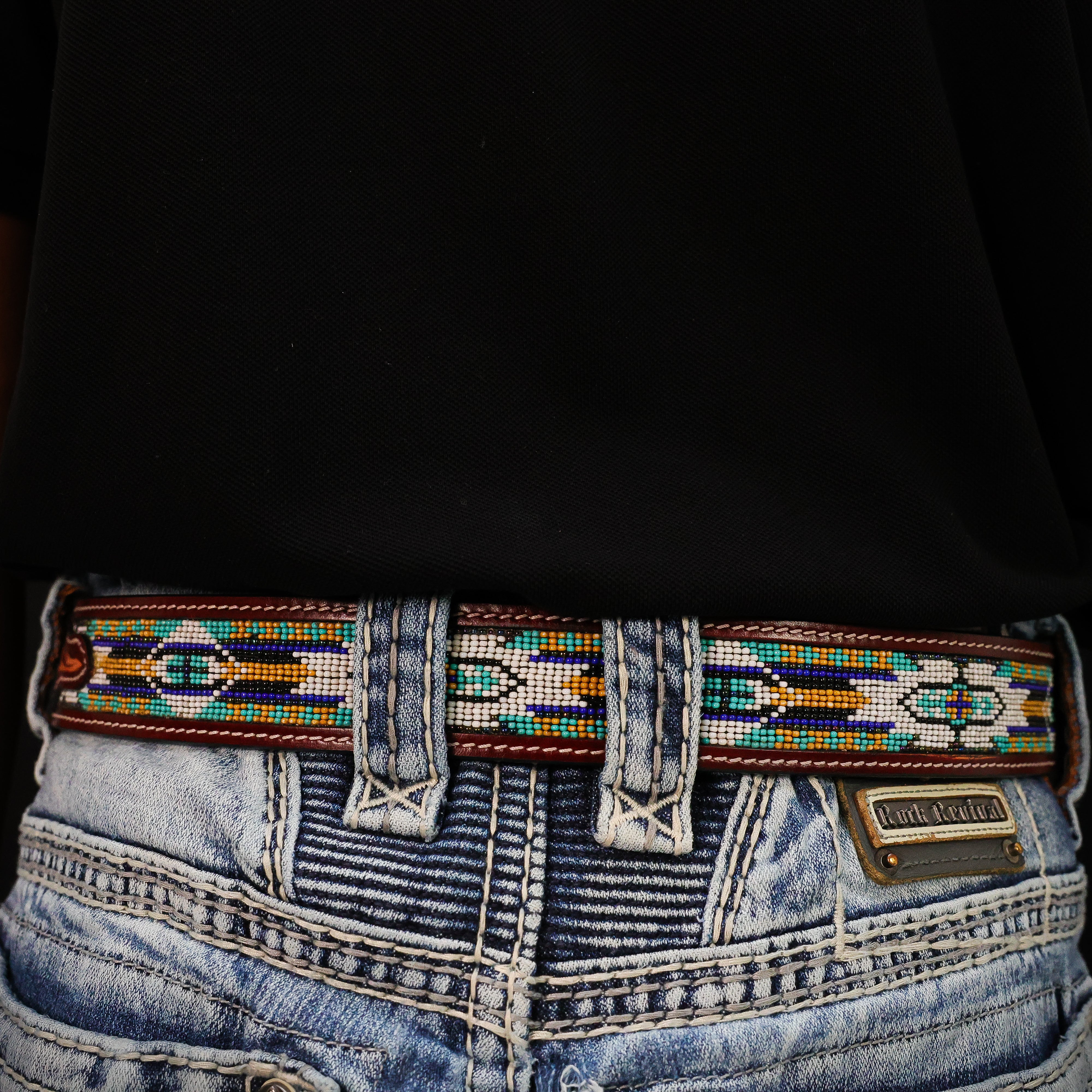 Hand-Tooled Artesanal Beaded Leather Belt