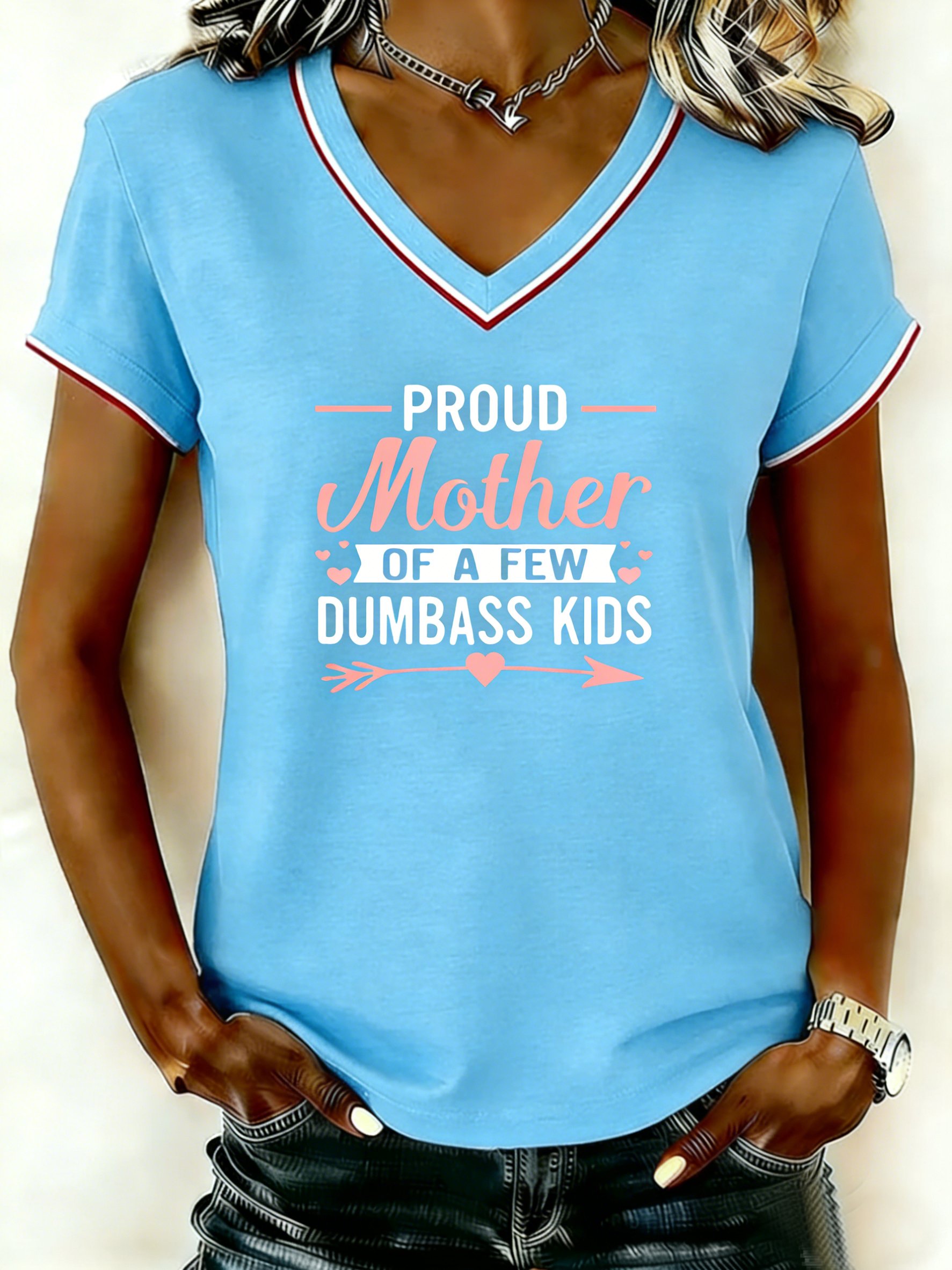 Mother's Day Letter Pattern Short Sleeve V Neck Loose  Casual T-Shirt