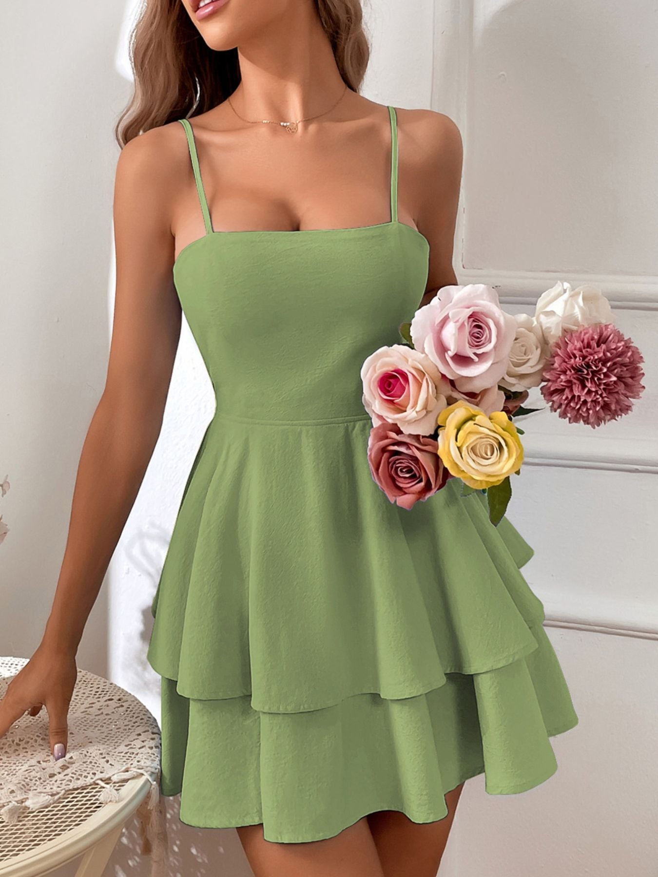 Tie Back Layered Ruffle Hem Mini Dress