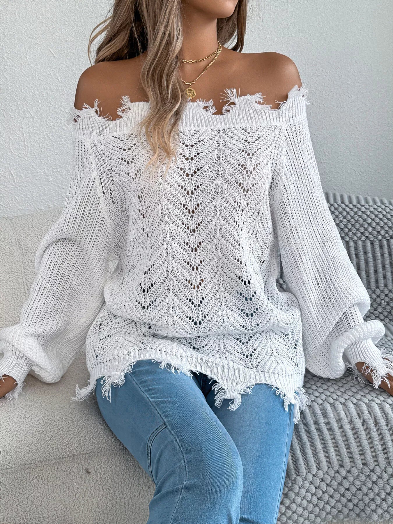Distressed Hem Openwork Off-Shoulder Sweater