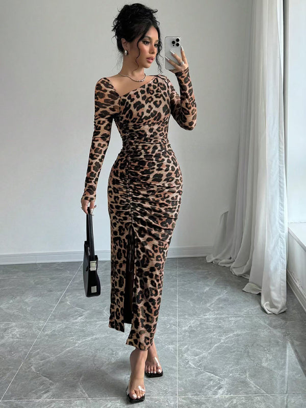 New Women's Round Neck Long Sleeve Leopard Print High Waist Hottie Dress