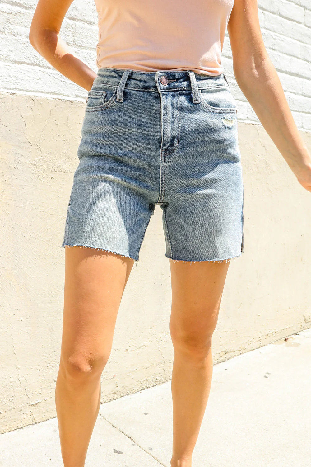 Medium Wash High Rise Side Slit Frayed Shorts
