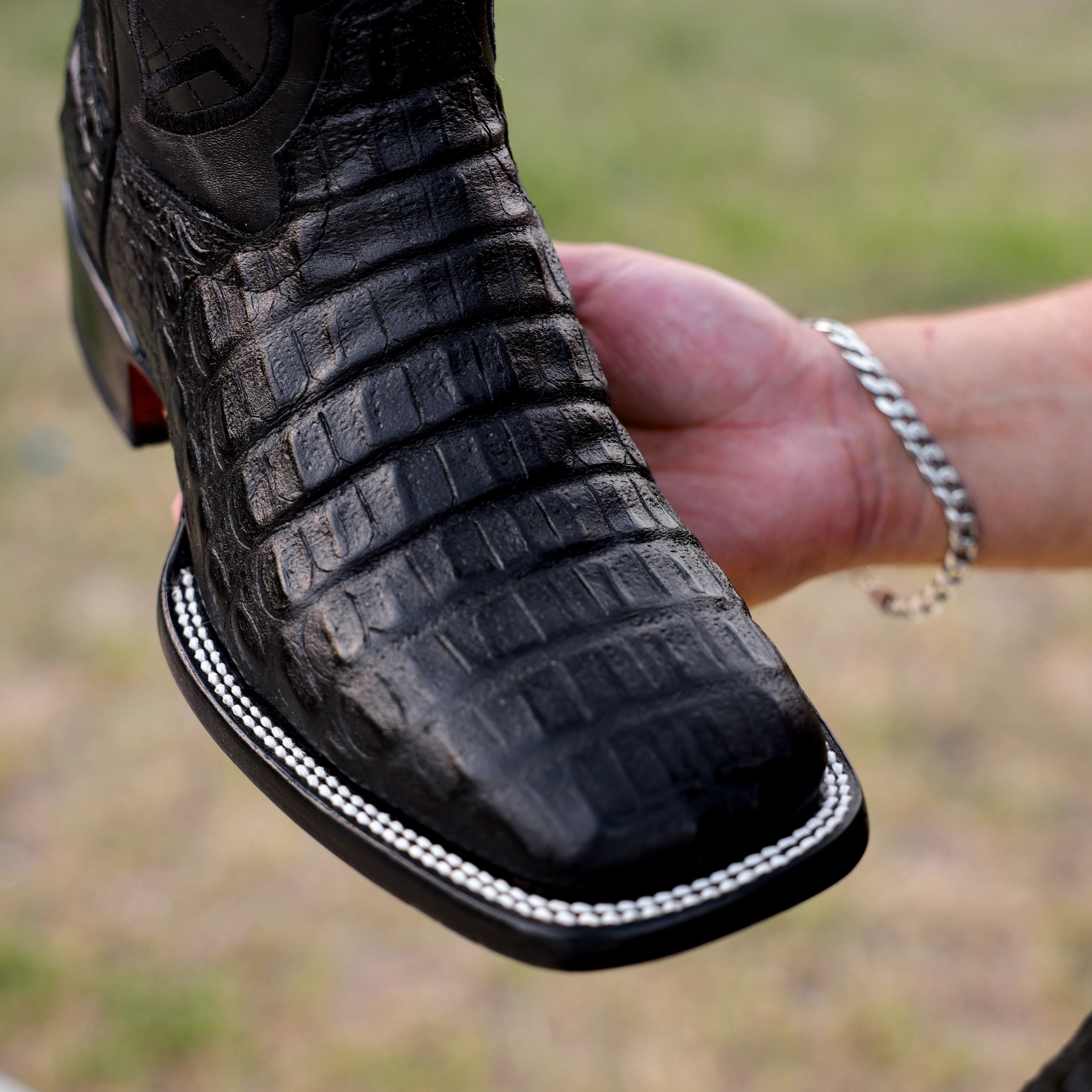Black Caiman Hornback Leather Boots - Square Toe