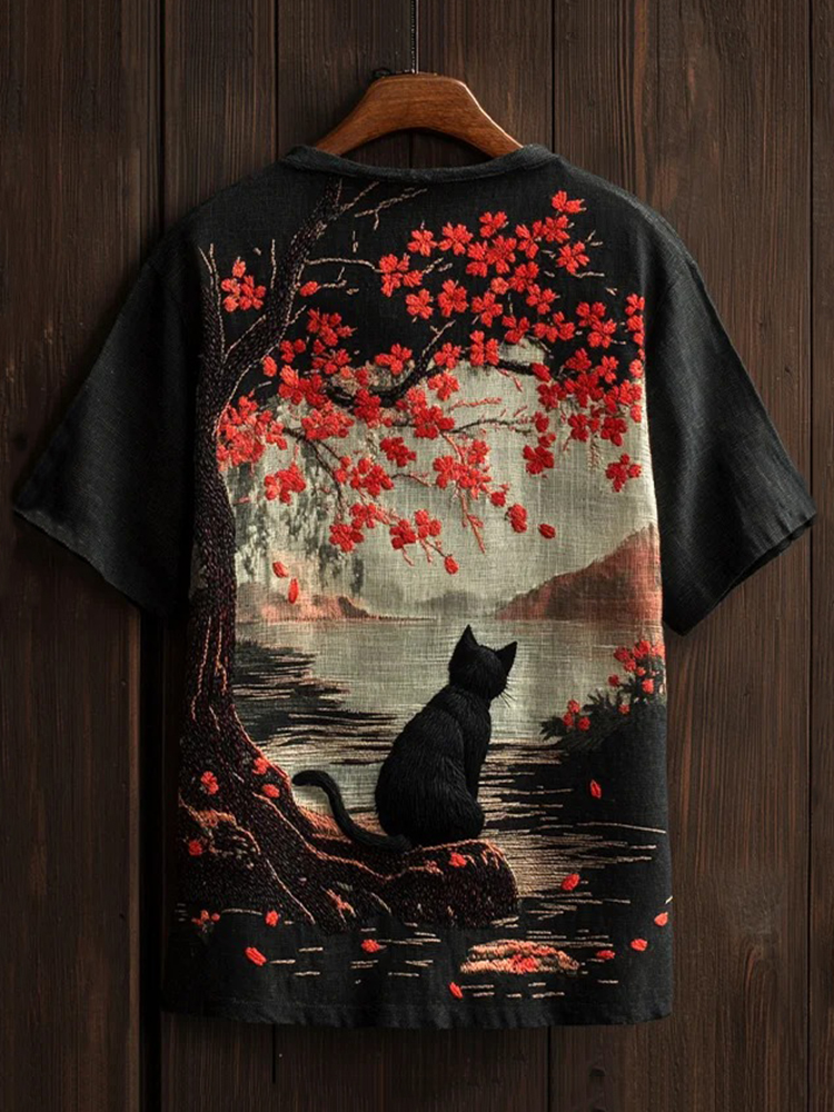 Men's Cat And Cherry Blossom Print Casual V-neck T-shirt