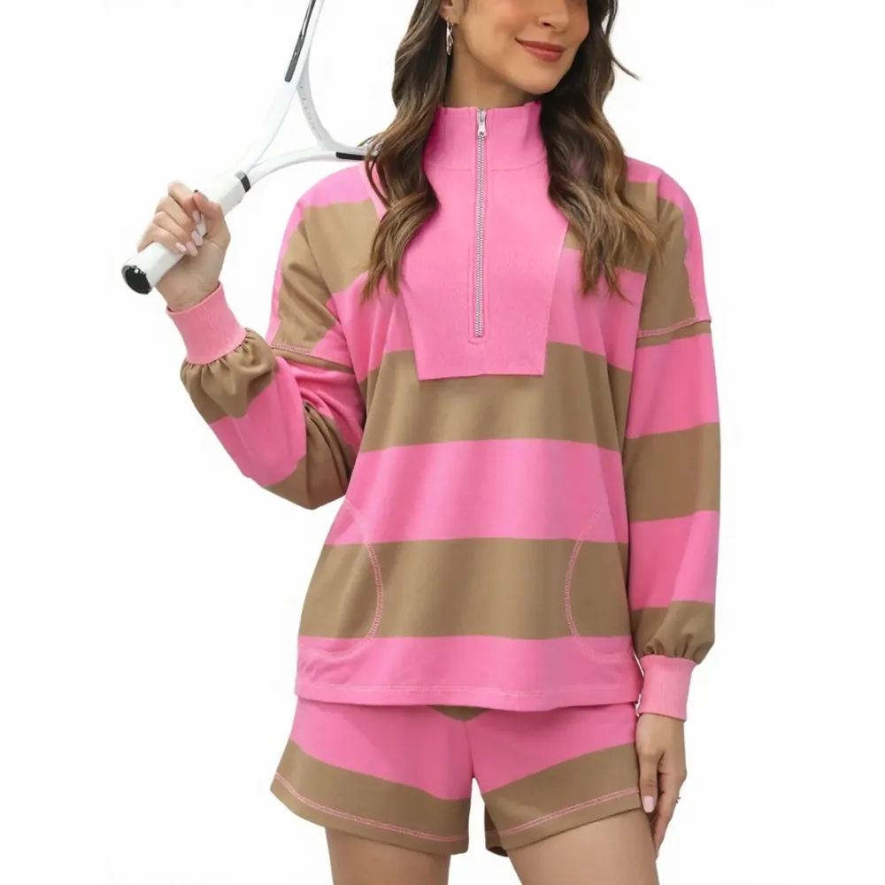 Women's Lounge Set 2 Piece Striped Long Sleeve Quarter Zip & Short Sleeve T Shirt