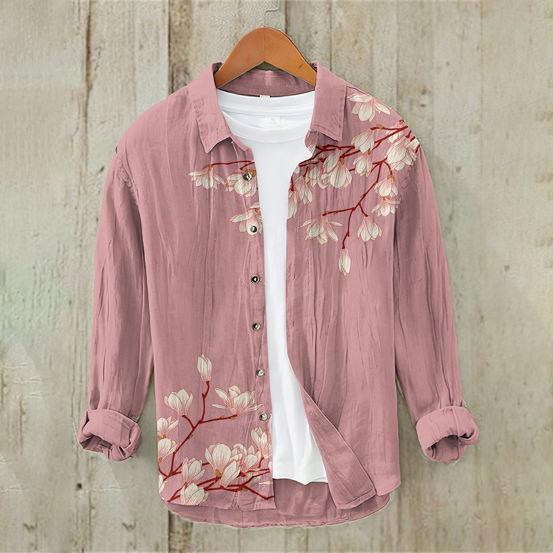 Men's Vintage Japanese Art Floral Casual Linen Blend Shirt