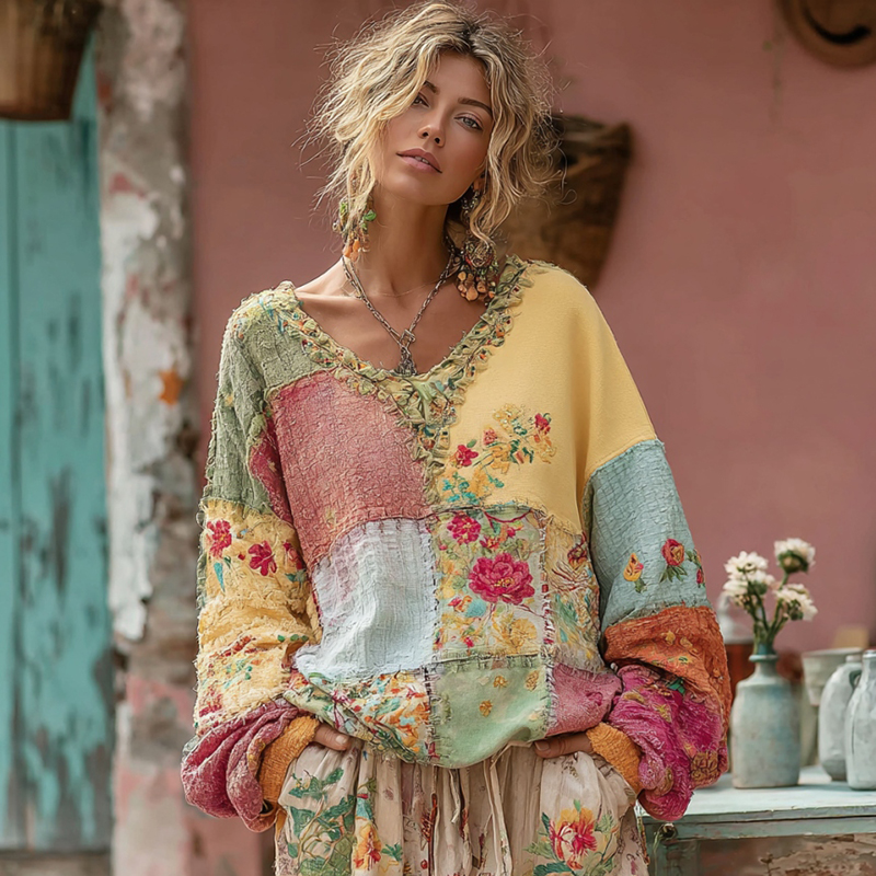 Women's Flower Embroidery Macaroon Color Patchwork Art V-neck Casual Sweatshirt