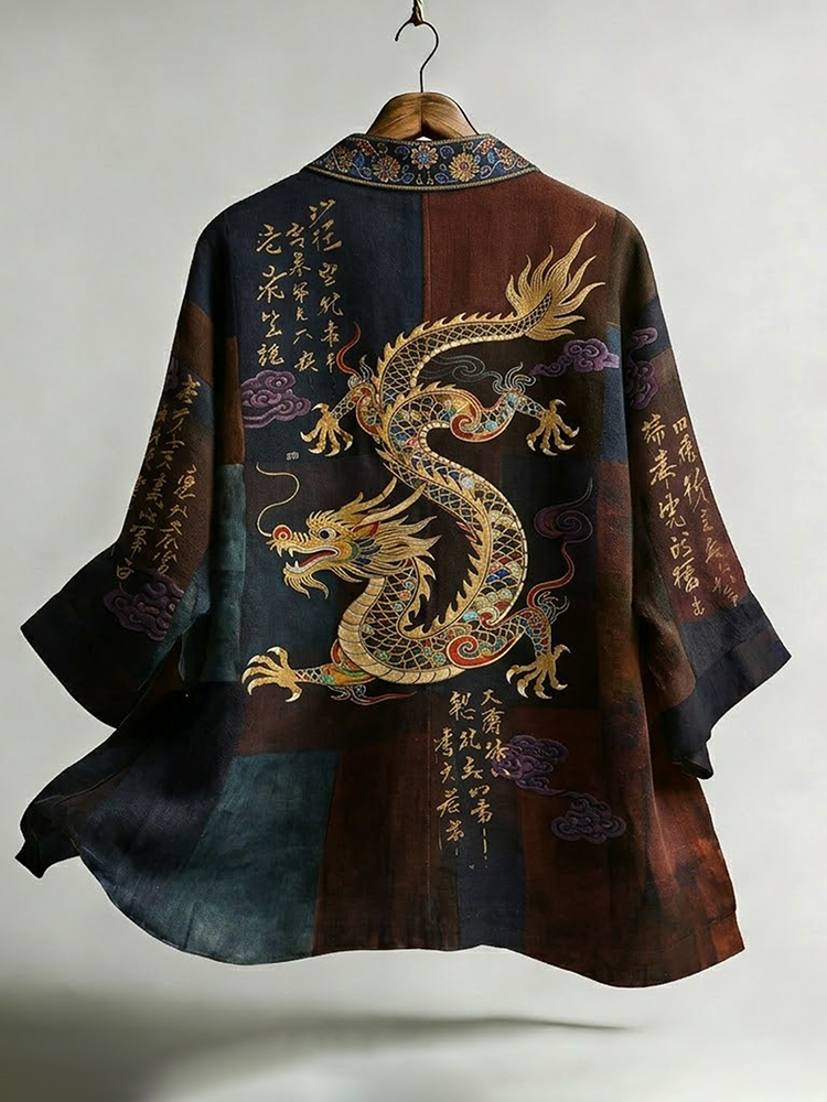 Men's Vintage Japanese Calligraphy Dragon Art Pattern Linen Blend Kimono