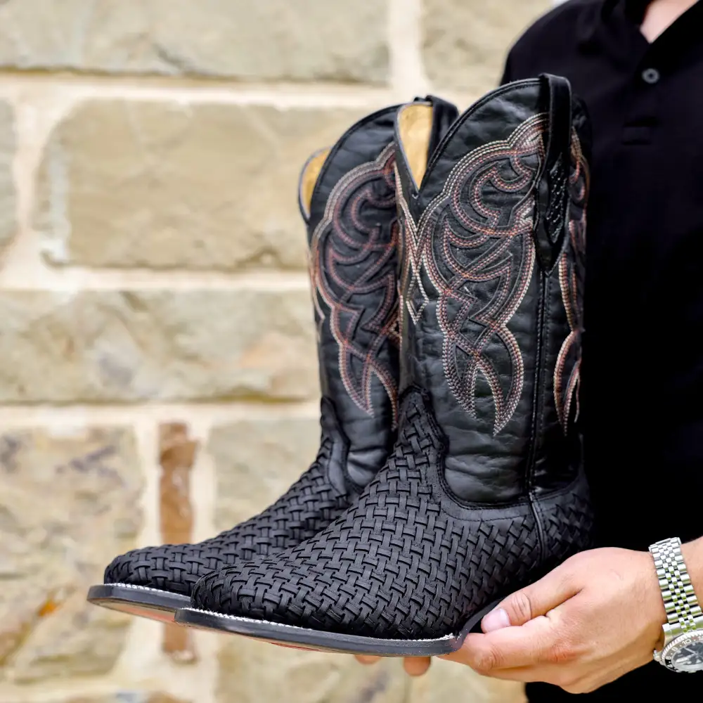 Black Basketweave Leather Boots - Square Toe
