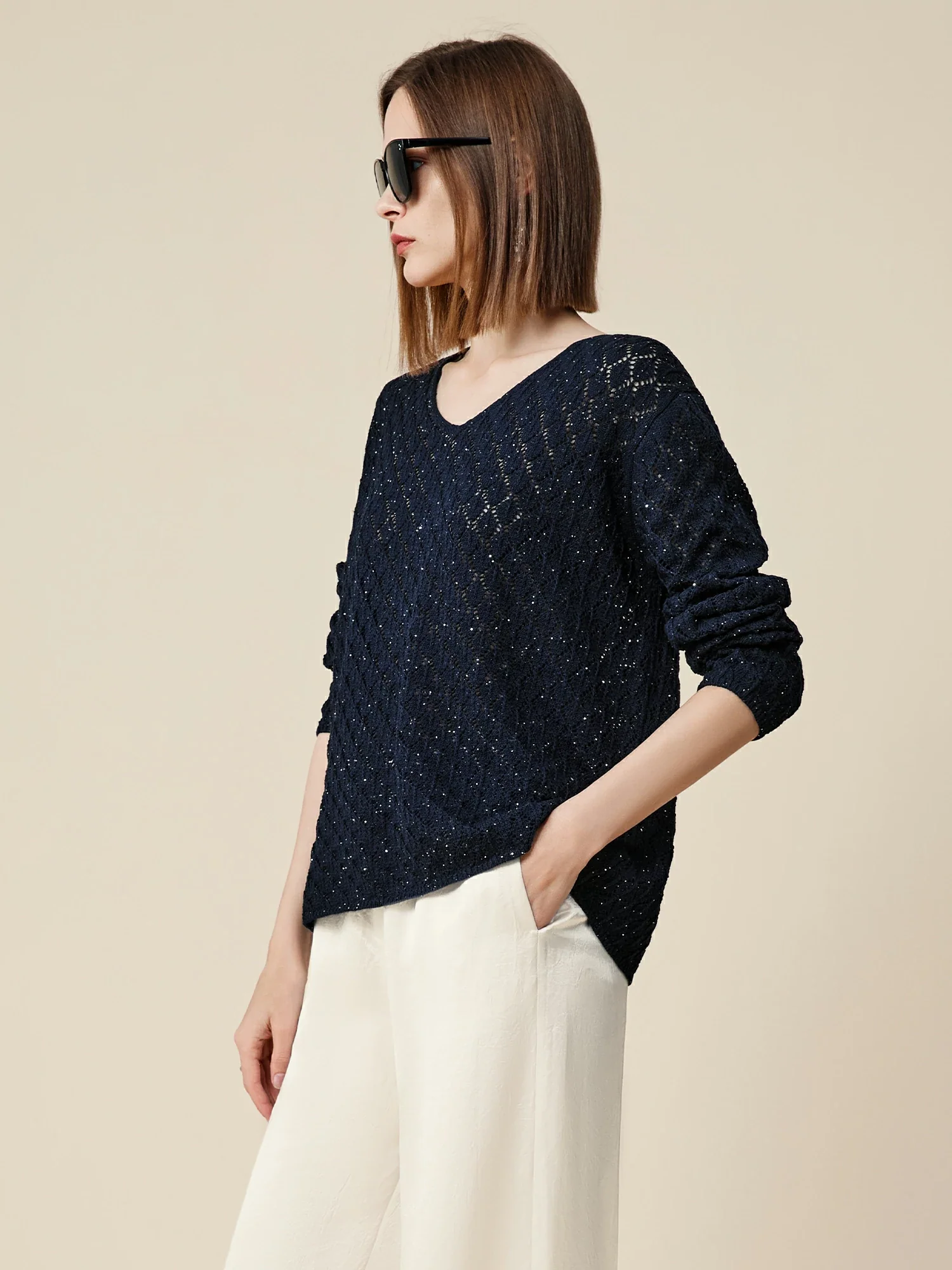 Lyocell & Linen Openwork Sequin Knitted Top