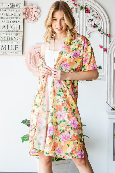 Full Size Half Sleeve Multi Color Floral Open Cardigan