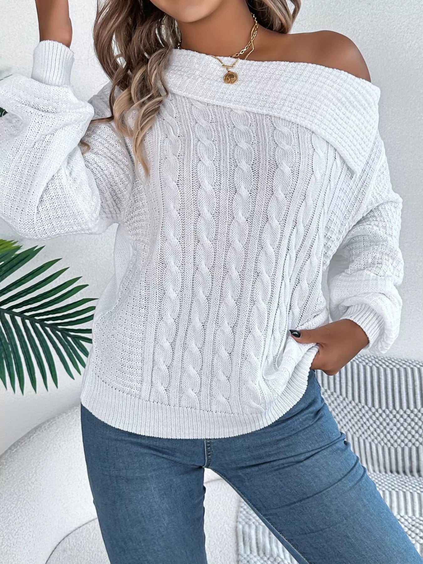 Off-Shoulder Cable Knit Sweater