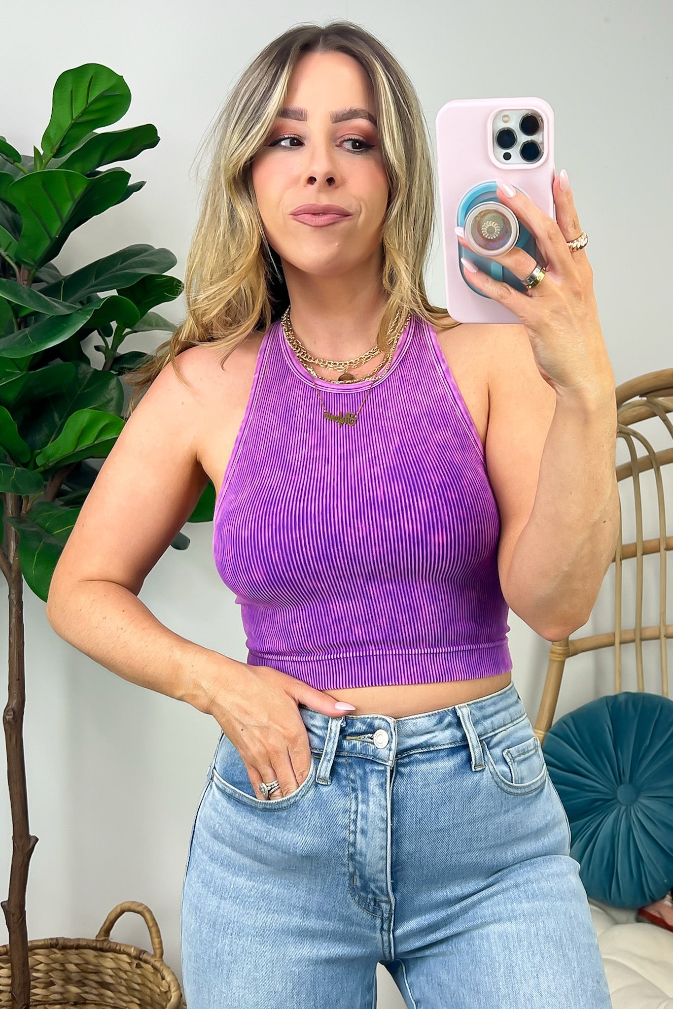 Washed Ribbed High Neck Cropped Tank Top