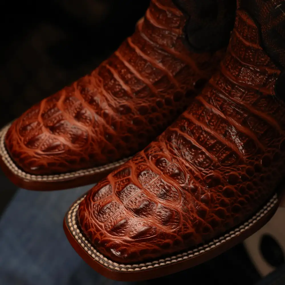 Cognac Caiman Neck Leather Boots - Square Toe