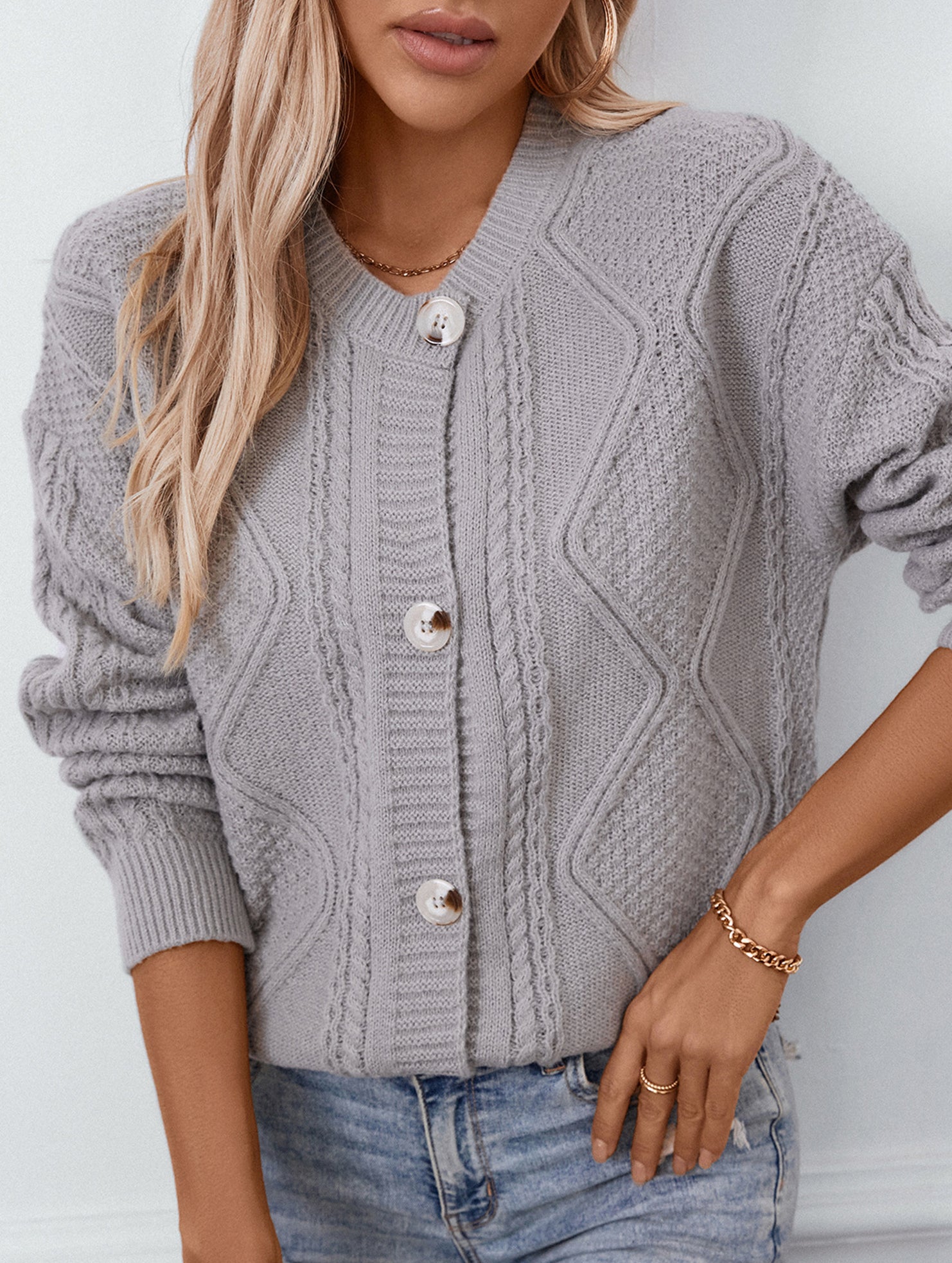 Vintage Button Knit Cardigan Long Sleeve_CWOSWL09269