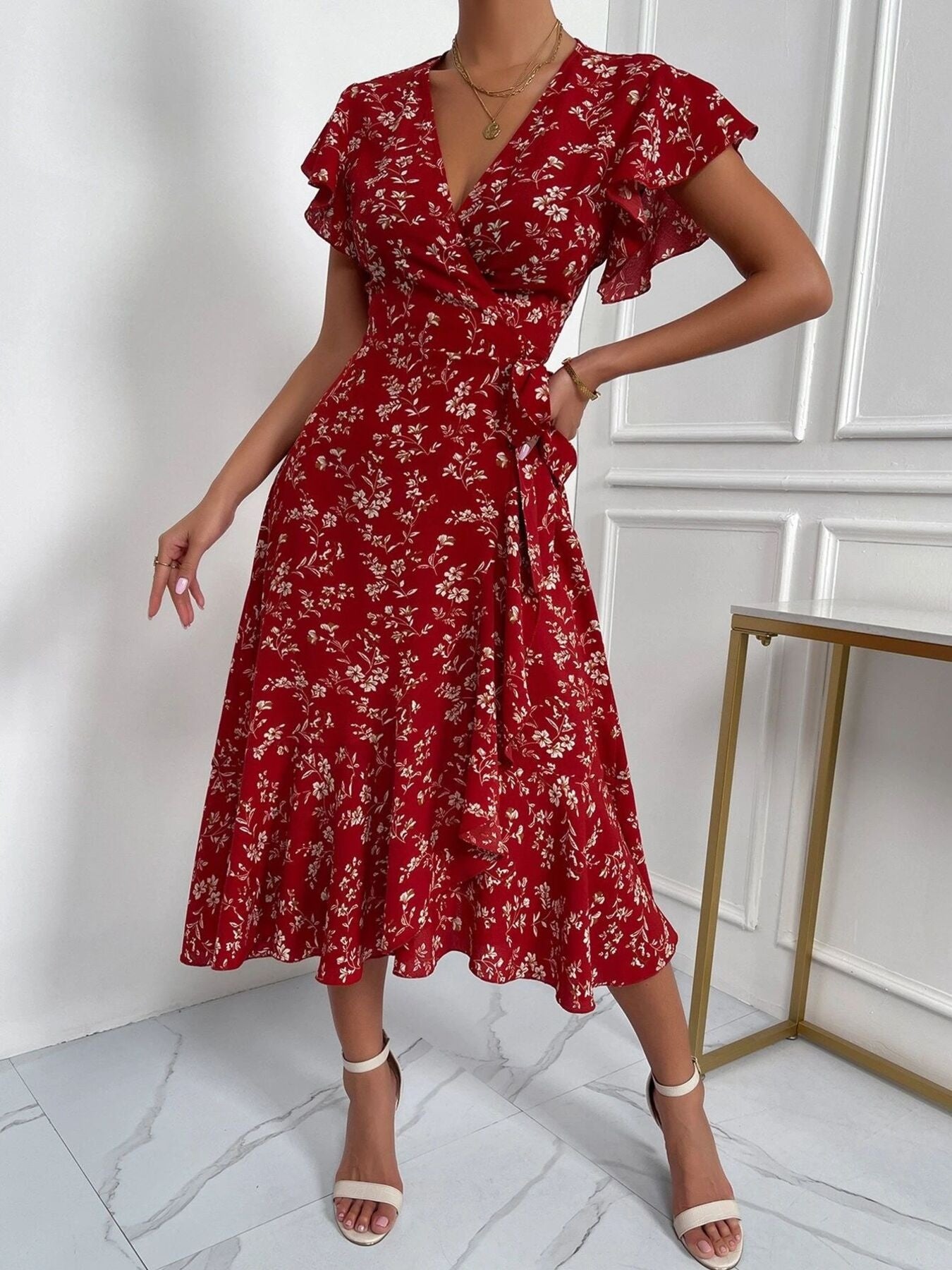 Floral Print Ruffle Sleeve Wrap Midi Dress