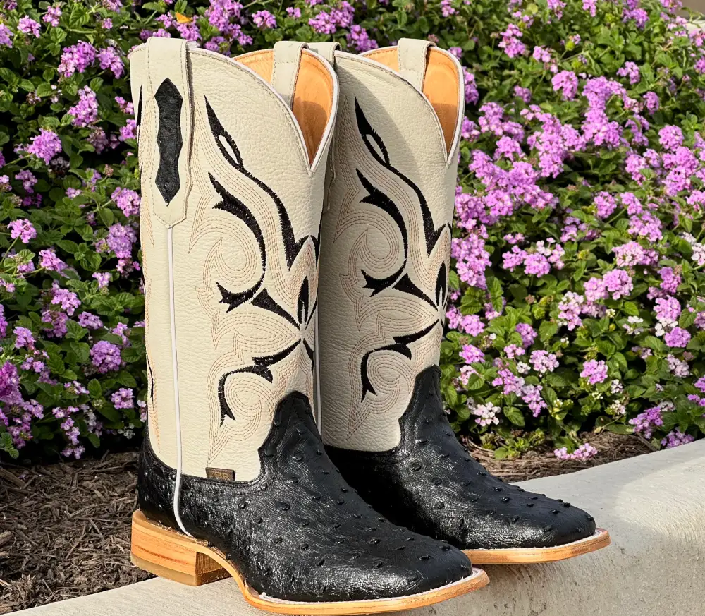 Mens Black Ostrich  Leather Boots With Beige Shaft