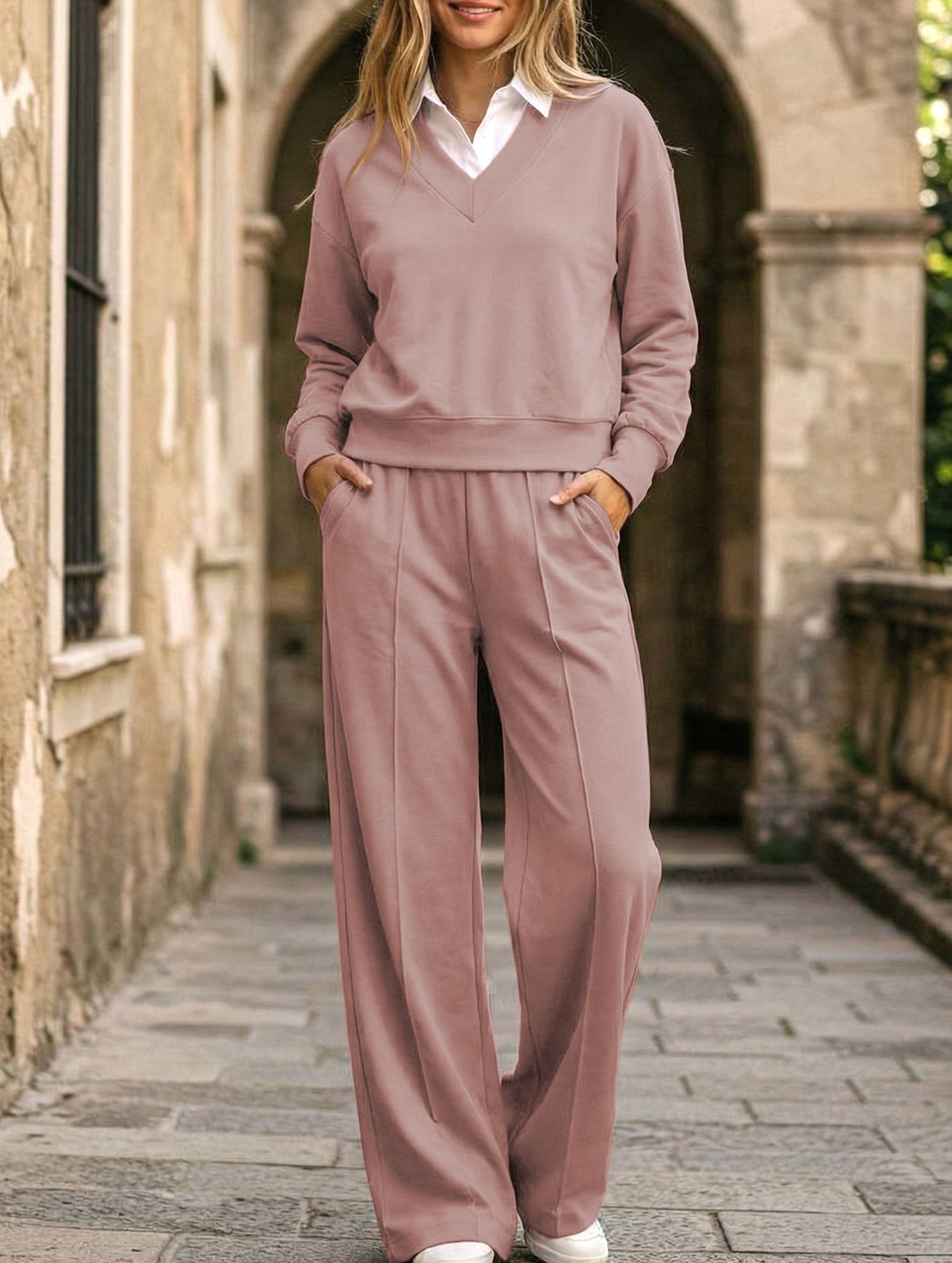 Casual collar loose top and wide-leg pants set_CWSS01448