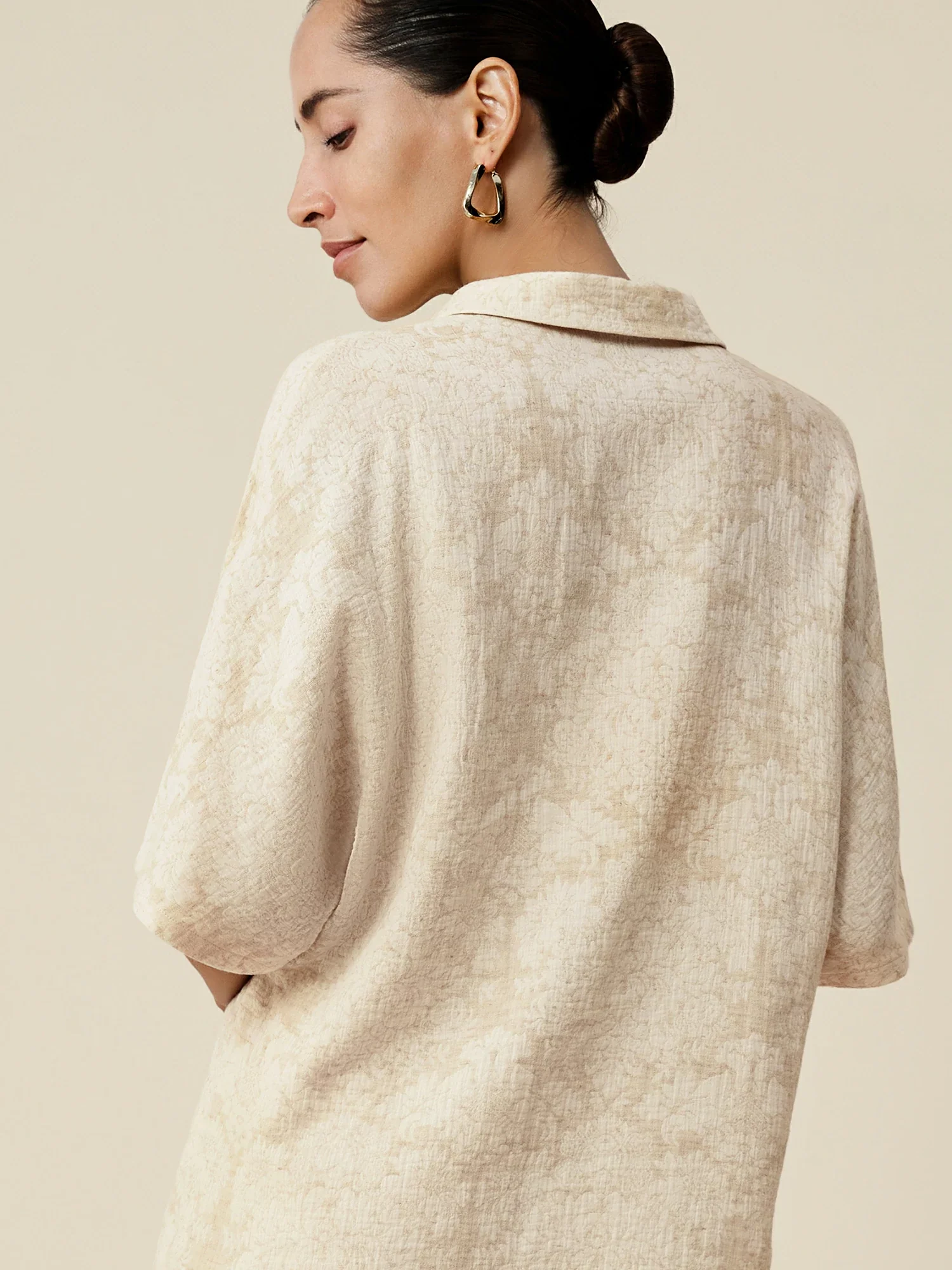 Cotton & Linen Lapel Short Sleeve Jacquard Top